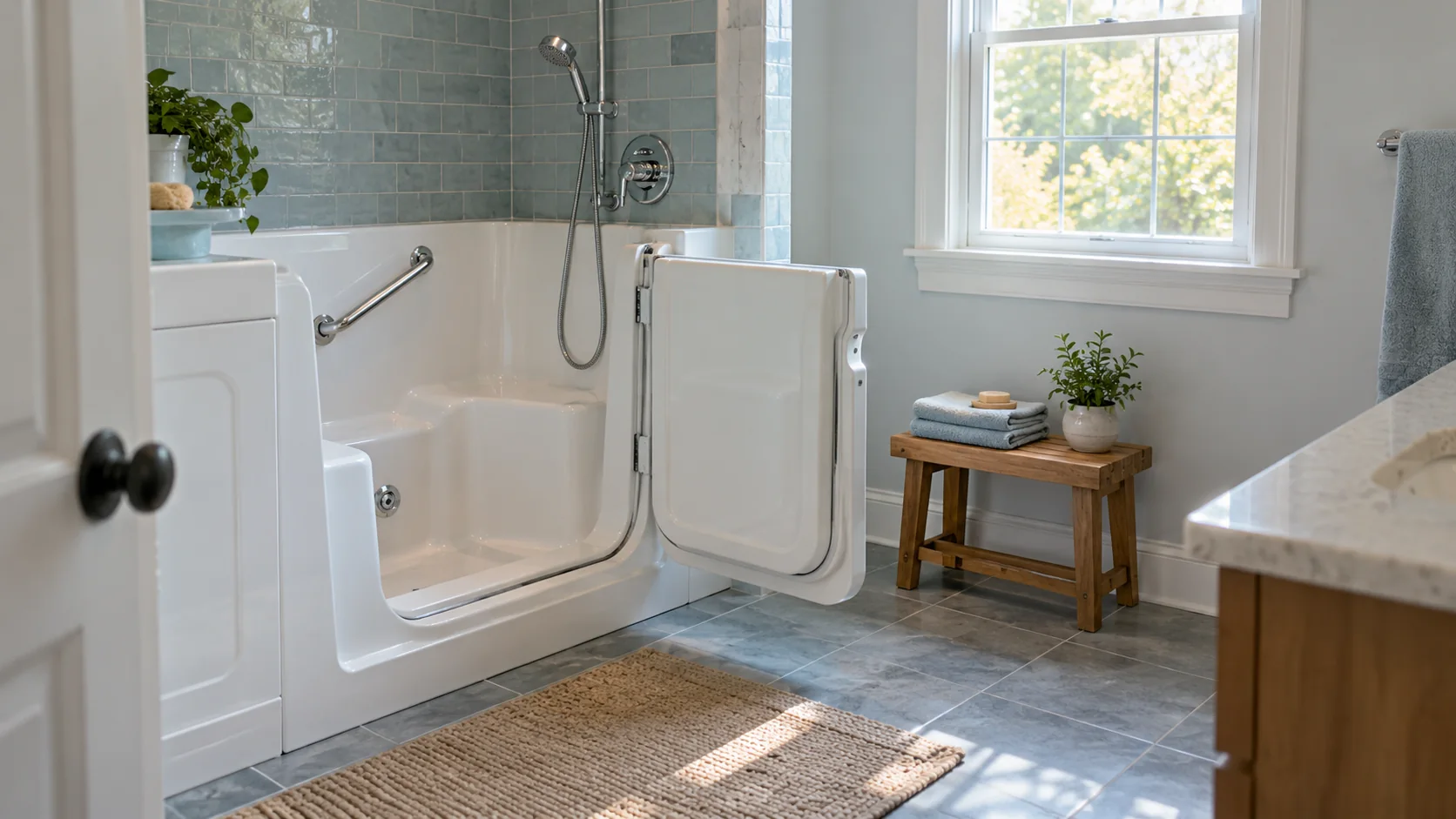 Open-door walk-in tub in a blue-tiled bathroom