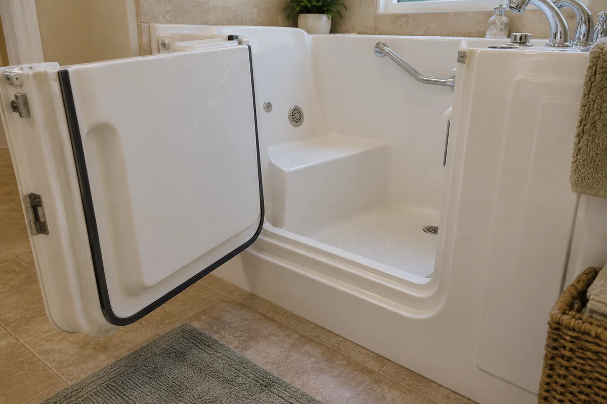 Low threshold and open door of a walk-in tub
