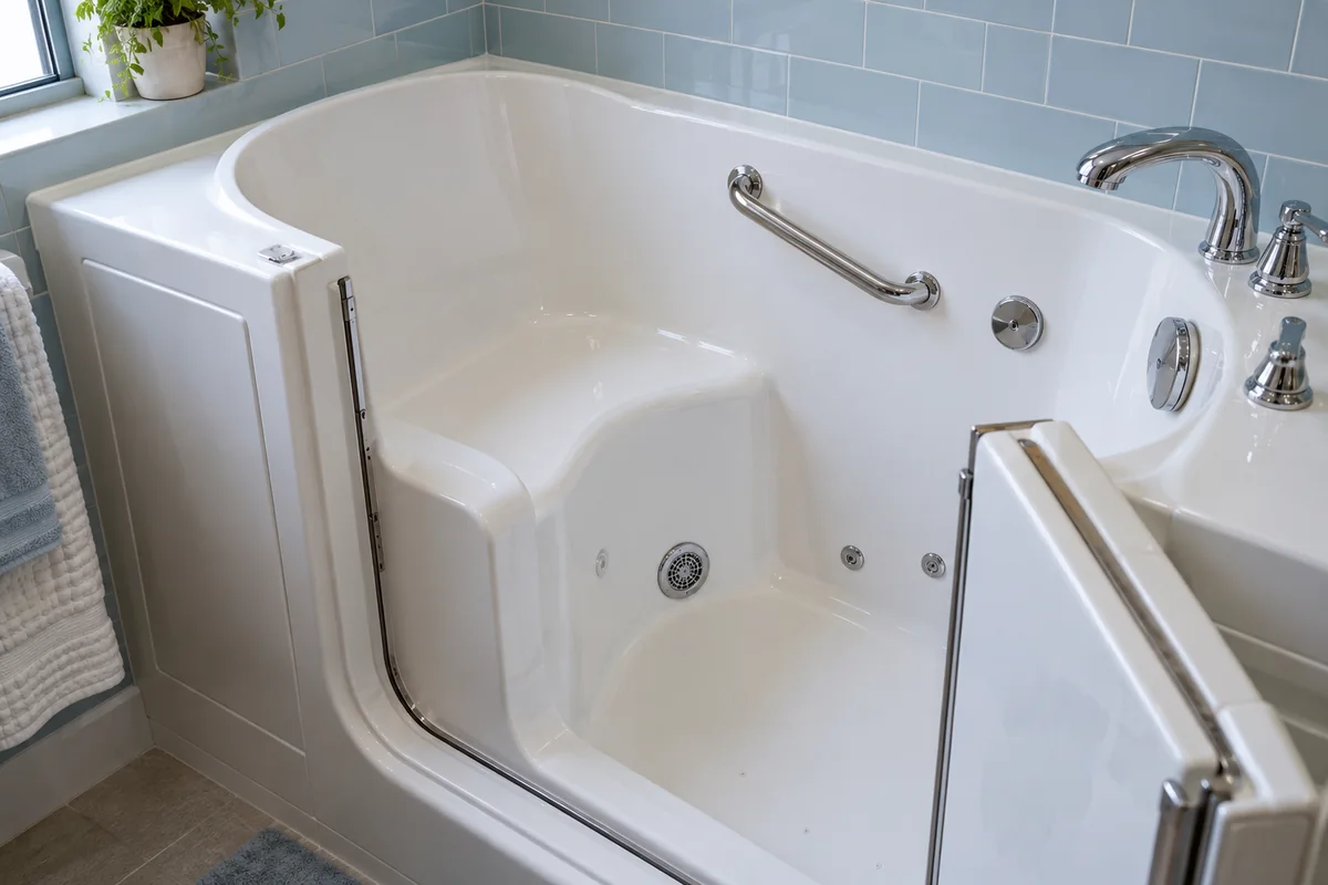 Built-in seat and grab bar inside a walk-in tub
