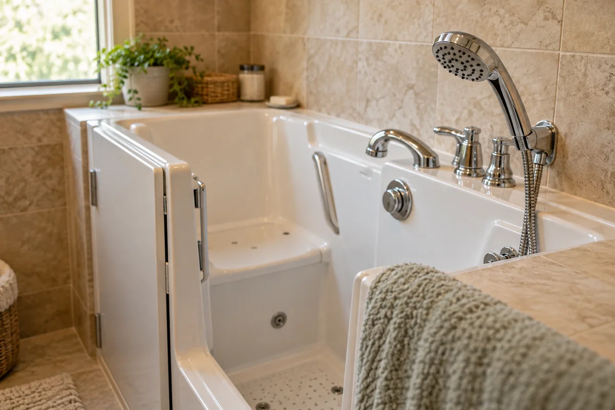Handheld shower beside a walk-in tub seat