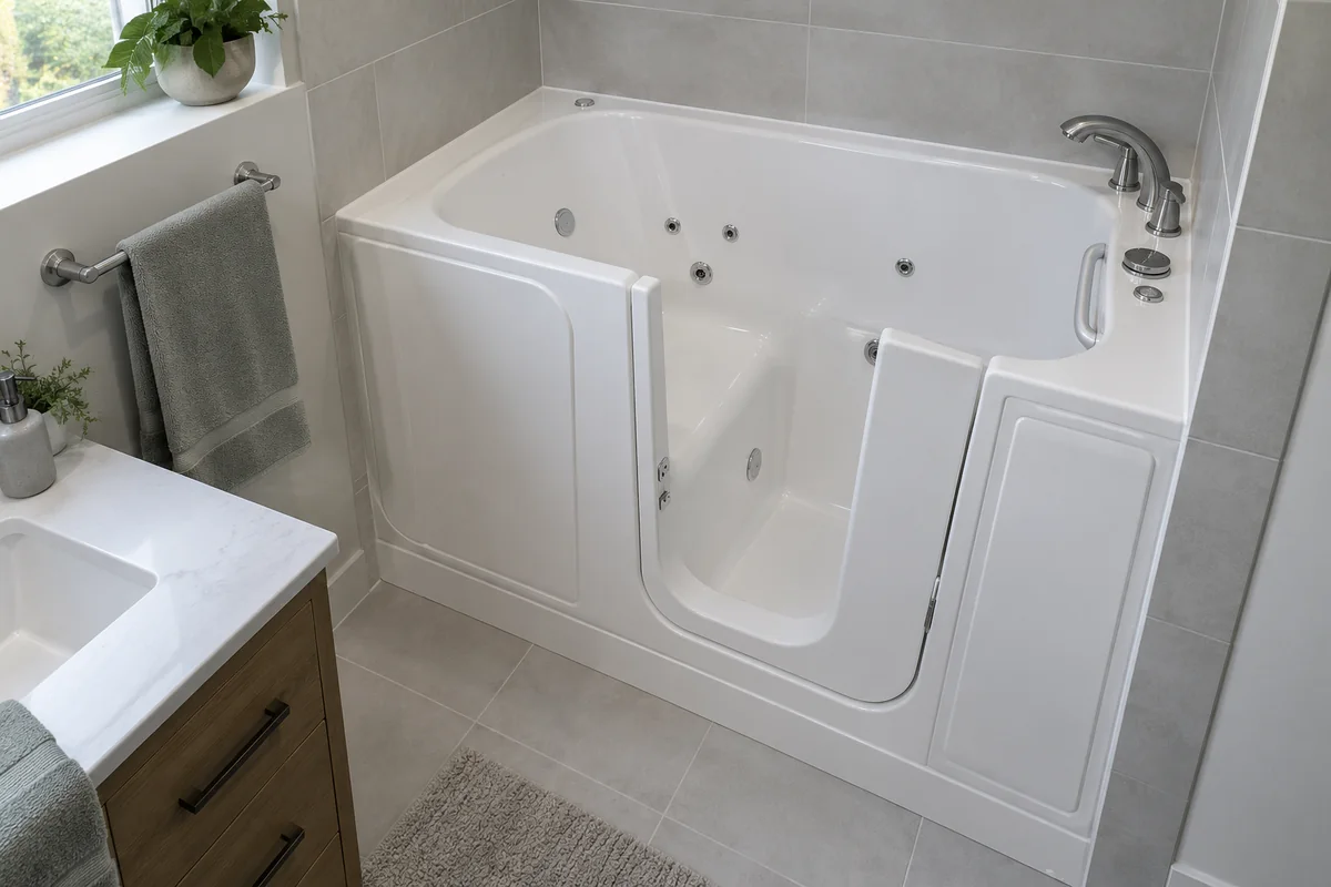 Water jets inside a white walk-in bathtub