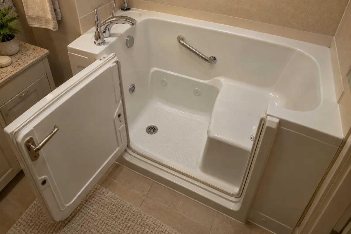 Textured floor and seat inside an open walk-in tub