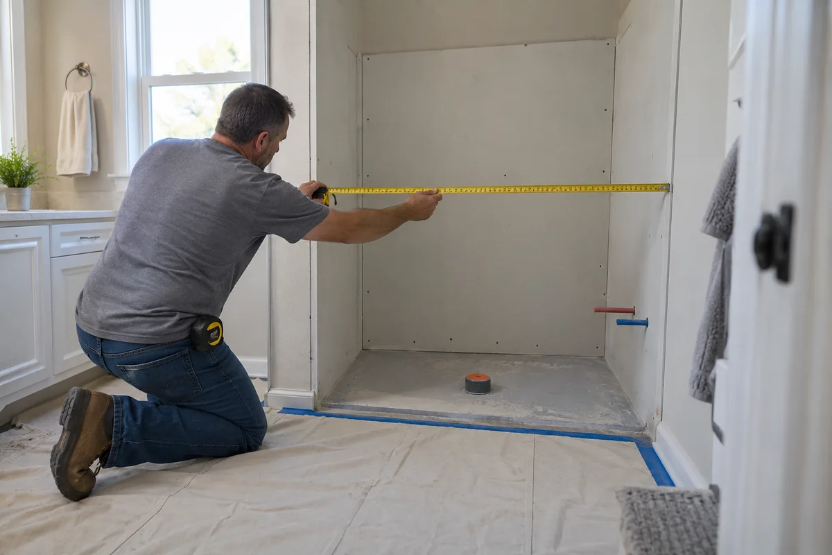 Installer measuring a bathtub alcove