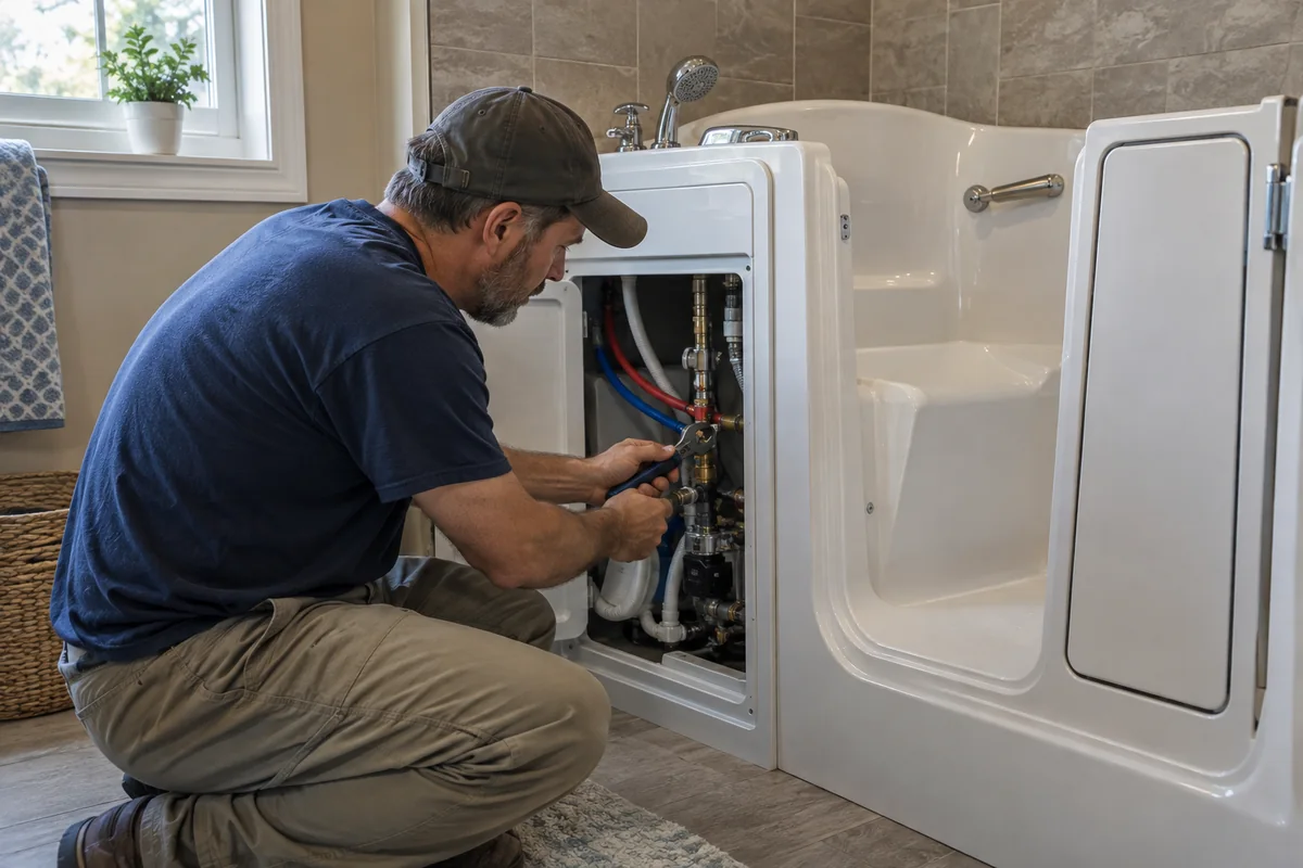 Plumber checking a walk-in tub service panel