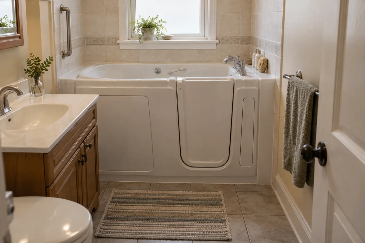 Compact walk-in tub in a narrow bathroom