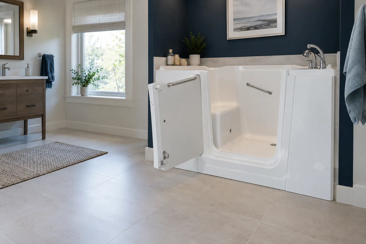 Walk-in bathtub beside an open floor area