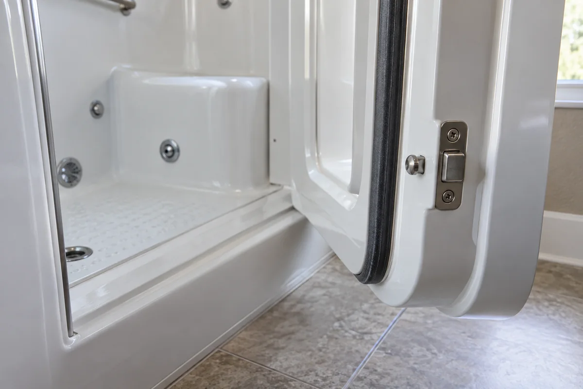 Door seal and hinge detail on a walk-in tub