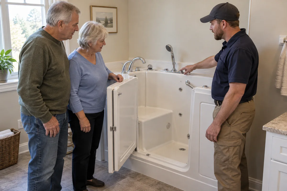 Couple discussing walk-in tub controls with an installer