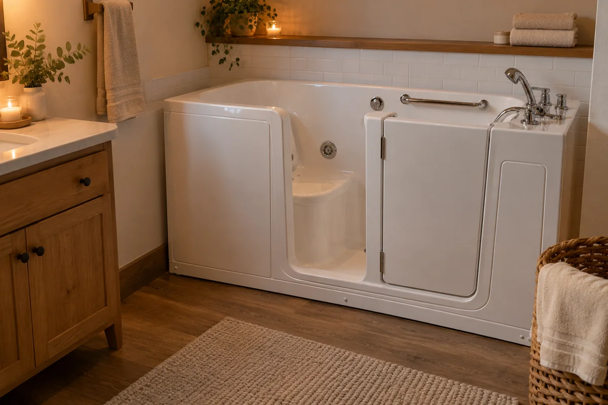 Walk-in tub in a warm wood-accented bathroom