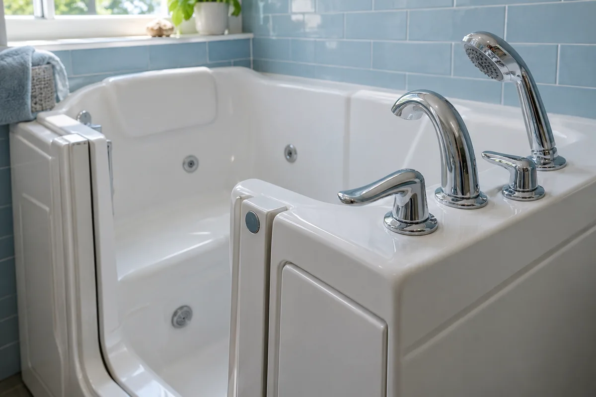 Easy-grip faucet and handheld shower on a tub rim